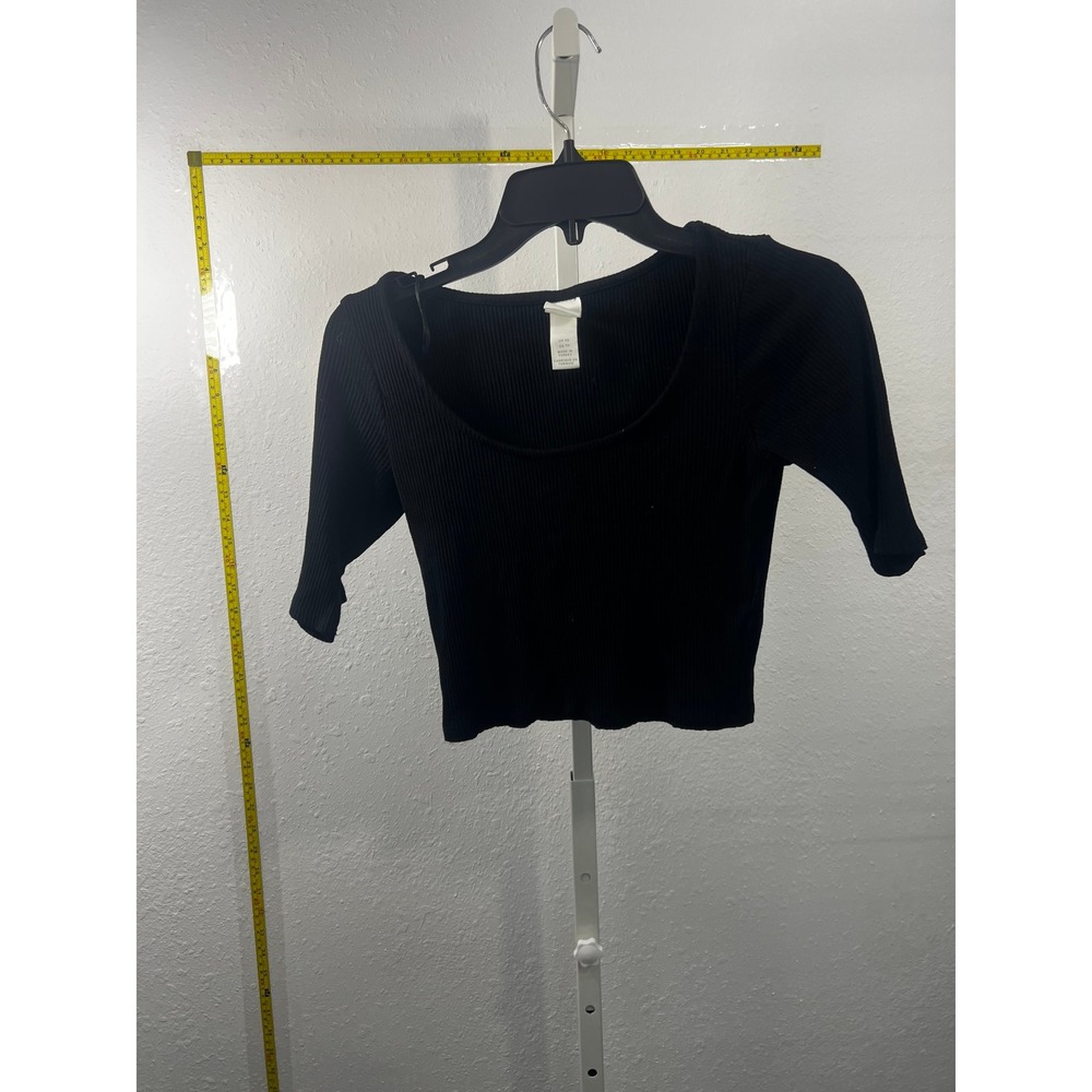 HM Womens Ribbed Scoop‎ Neck Top Black 3/4 Sleeve Crop Shirt XS
